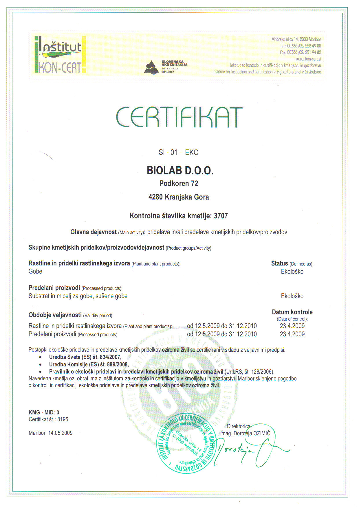 Certifikat 2009